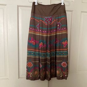 Lynne Ritchie Brown Pleated Silk Midi Skirt Beads Sequins  SZ XL